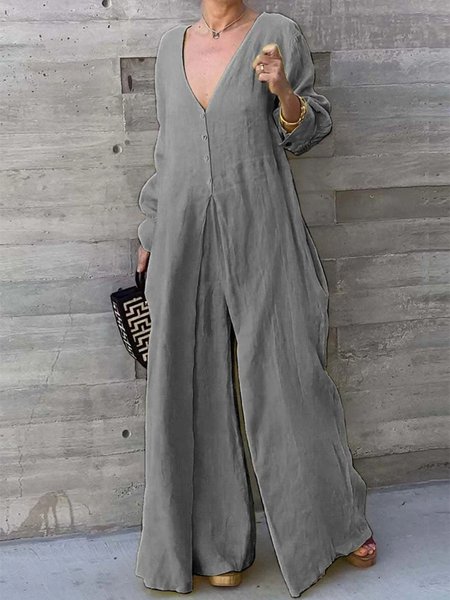 

Women Long Sleeve V Neck Regular Fit Long Daily Casual Plain Natural Jumpsuit, Gray, Jumpsuits&Rompers