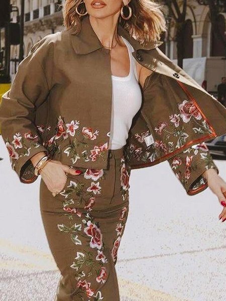 

Embroidery Regular Sleeve Urban Floral Shawl Collar Jacket, As picture, Jackets