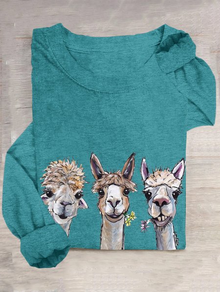 Alpaca Cotton-Blend Loose Casual T-Shirt, Green, Long sleeves