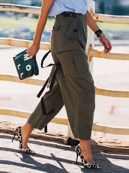 

Loose Pocket Stitching Urban Plain Pants, Green, Pants