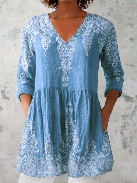 

Women's Three Quarter Sleeve Blouse Spring/Fall Ethnic V Neck Daily Going Out Casual Top Blue, Shirts & Blouses