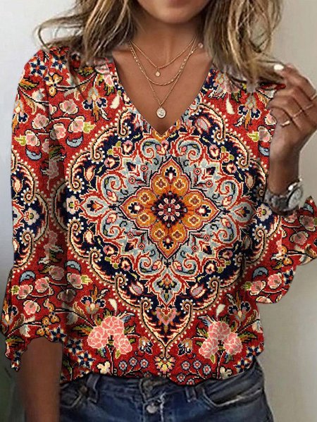 Casual Ethnic V Neck Three Quarter Sleeve T-shirt, Red, T-shirts