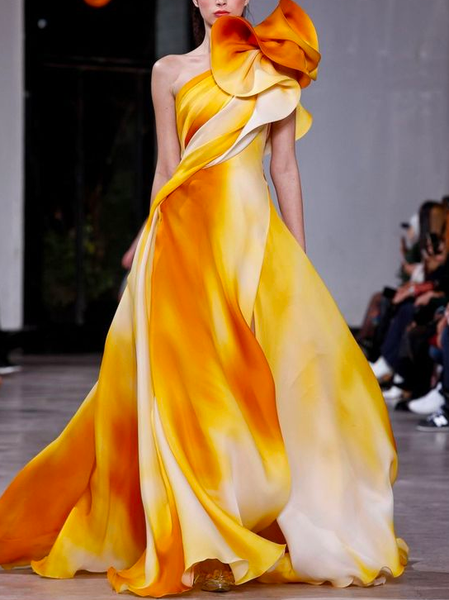 

Printing Elegant Loose Asymmetrical Party Dress, Yellow, Maxi Dresses