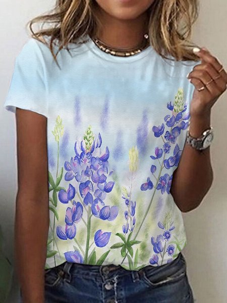 Casual Floral V Neck Short Sleeve T-shirt, Blue, T-shirts
