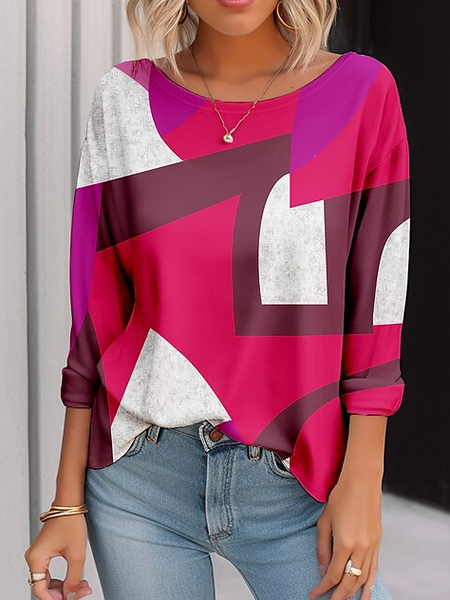 

Crew Neck Long Sleeve Plaid Lace Regular Loose Blouse For Women, Rose red, Blouses