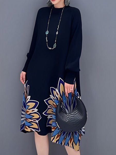 

Daily Elegant Crew Neck Floral Loose Long Sleeve Dress, Black, Midi Dresses