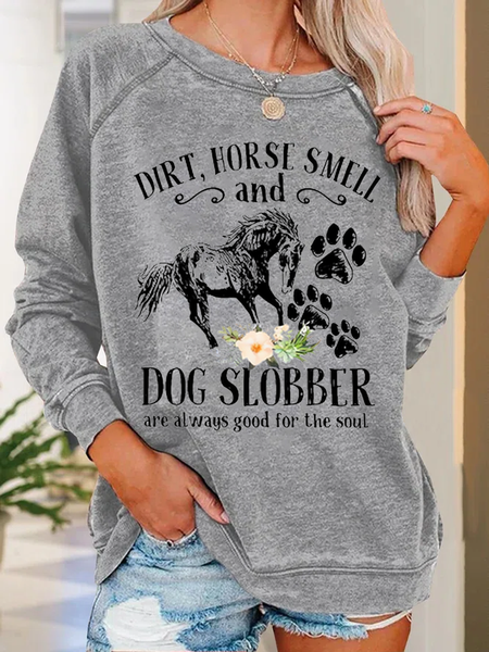 

Women's Cute Horse And Dog Flower Dirt Horse Smell Animal Casual Crew Neck Sweatshirt, Light gray, Hoodies&Sweatshirts