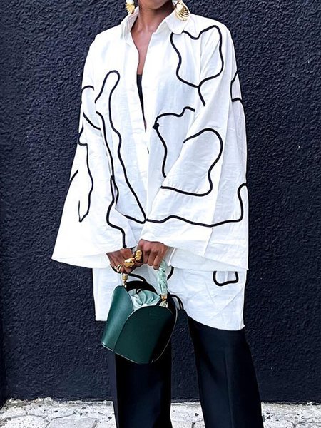 

Long Sleeve Urban Random Print Loose Shirt, Black-white, Blouses and Shirts