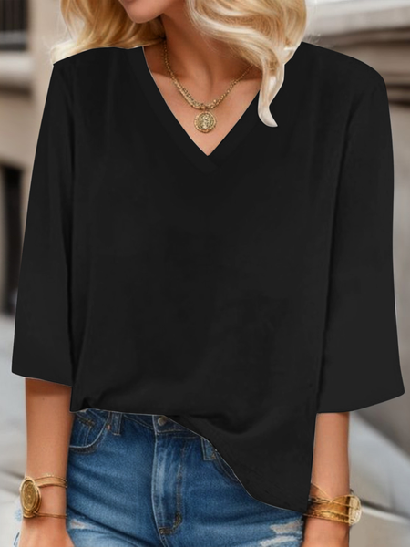 

V Neck Three Quarter Sleeve Floral Regular Regular Fit Blouse For Women, Black, Blouses