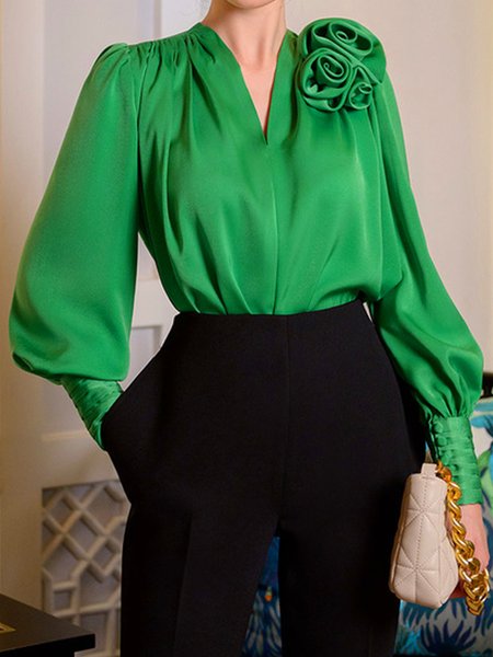 

V Neck Balloon Sleeve Loose Plain Urban Blouse, Green, Blouses and Shirts