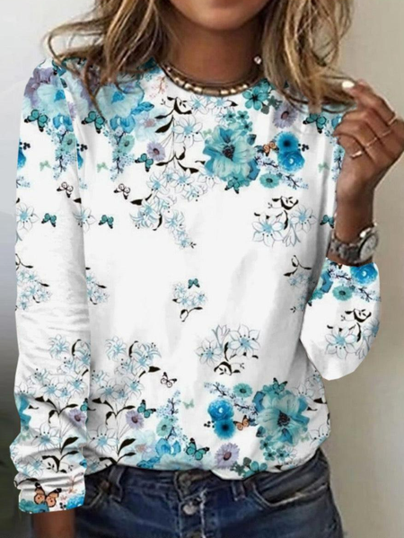

Floral Jersey Loose Casual T-Shirt, White-blue, Long sleeves