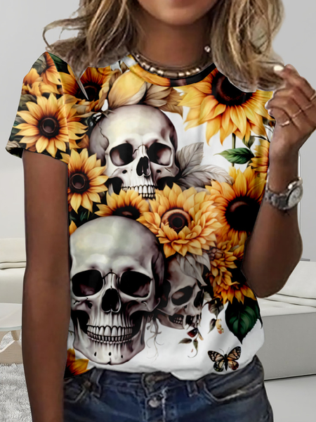 Simple Sunflower Skull Regular Fit T-Shirt, White, T-shirts