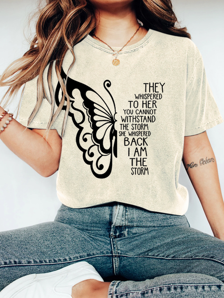 

Women's Butterfly Letters Vintage Distressed Shirt, Off white, T-shirts