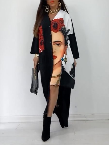Long Sleeve Pocket Stitching Casual Loose Shirt Dress, Black-white, Midi Dresses