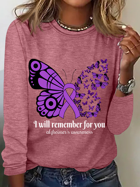 

Women's Alzheimer's Awareness Butterfly Print Casual Long Sleeve Shirt, Watermelon, Long sleeves