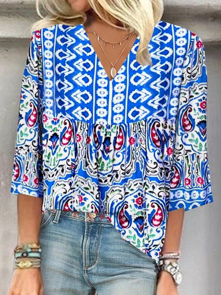 

V Neck Three Quarter Sleeve Ethnic Regular Regular Fit Blouse For Women, Blue, Blouses