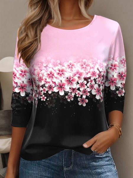 

Casual Floral Crew Neck Long Sleeve T-shirt, Black, Blouses