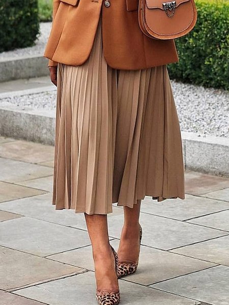 Plain Urban Loose Gathered Skirt, Khaki, Skirts