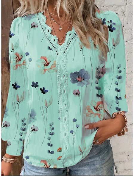 

Long Sleeve Floral Regular Loose Blouse For Women, Green, Blouses