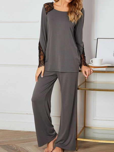 

Women Geometric Crew Neck Long Sleeve Comfy Casual Top With Pants Two-Piece Set, Deep gray, Sets