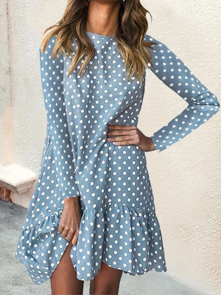 

Women Polka Dots Turtleneck Long Sleeve Comfy Casual Mini Dress, Blue, Midi