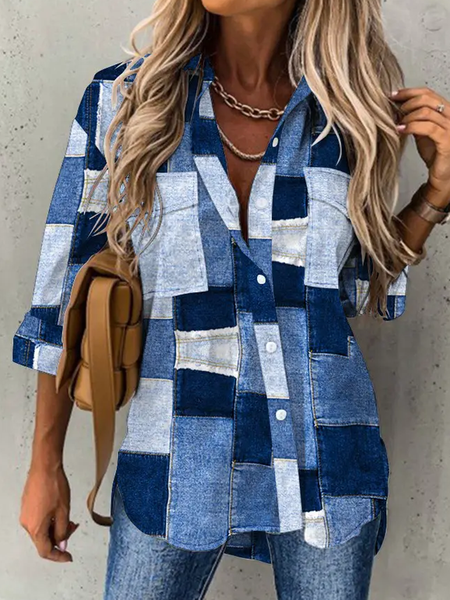 Long Sleeve Geometric Regular Loose Shirt For Women, Royal blue, Shirts