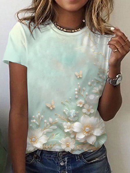 

Women's Long Sleeve Tee T-shirt Spring/Fall Floral Jersey V Neck Daily Going Out Casual Top Green, T-Shirts