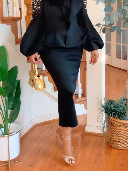 Regular Fit Plain Elegant Midi Skirt, Black, Skirts