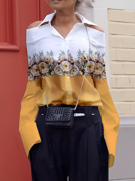 

Loose Shirt Collar Urban Hollow Out Off Shoulder Sleeve Long Sleeve Floral Shirt, As picture, Blouses and Shirts