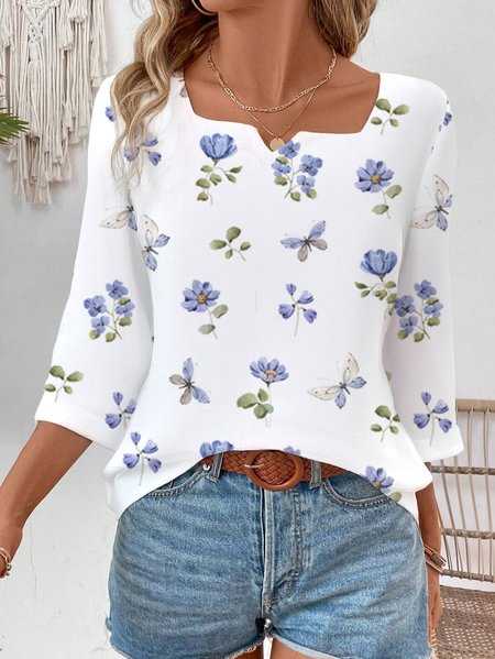 

Women's Three Quarter Sleeve Tee T-shirt Spring/Fall Floral Cotton Notched Daily Going Out Casual Top White, T-Shirts