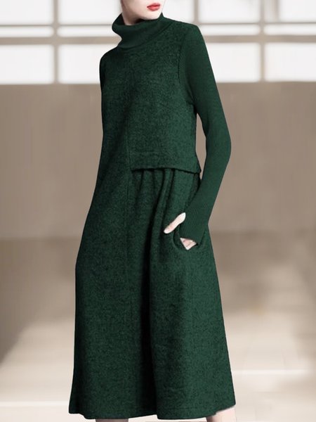 

Plain Regular Sleeve Mock Neck Elegant Sweater Dress, Green, Midi Dresses