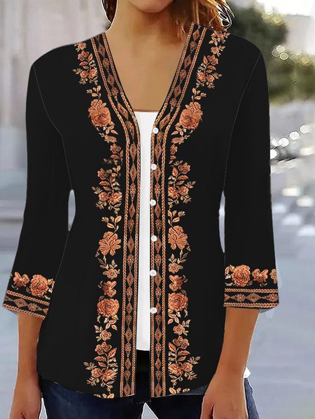 

Casual Floral Loose Knitted Kimono, Black, Outerwear