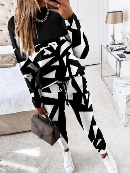Women Geometric Crew Neck Long Sleeve Comfy Casual Top With Pants Two-Piece Set, Black, Sets