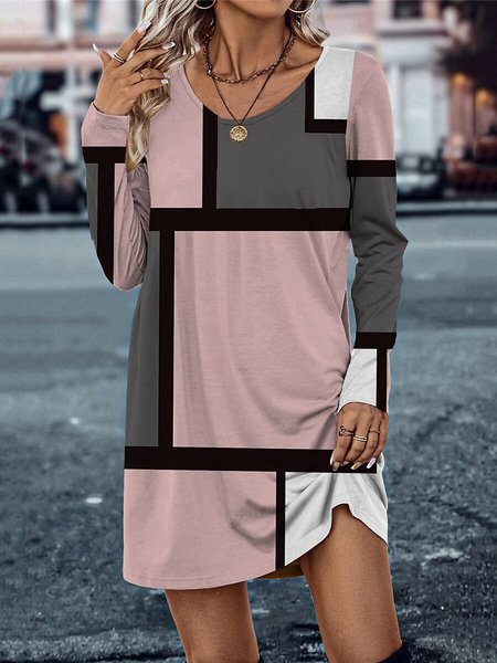 

Women Geometric Crew Neck Long Sleeve Comfy Casual Buckle Mini Dress, Pink, Midi