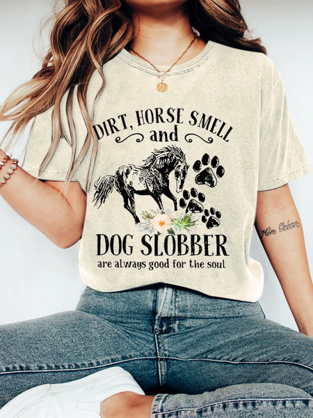

Women's Cute Horse And Dog Flower Dirt Horse Smell Vintage Distressed Shirt, Off white, T-shirts