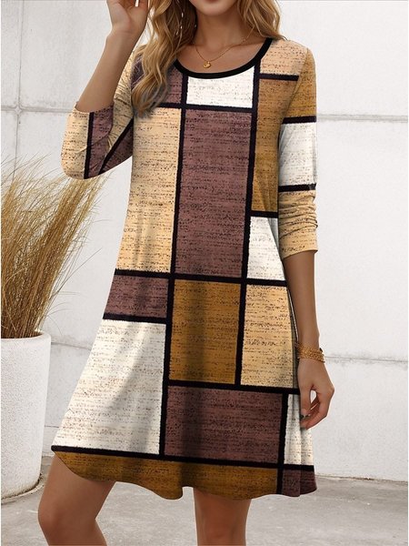 Women Geometric Crew Neck Long Sleeve Comfy Casual Buckle Midi Dress, Brown, Midi
