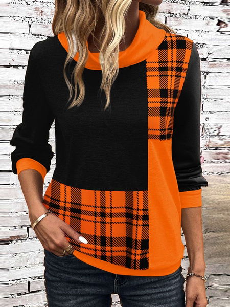 Casual Turtleneck Plaid Sweatshirt Zipper, Orange red, Hoodies & Sweatshirts