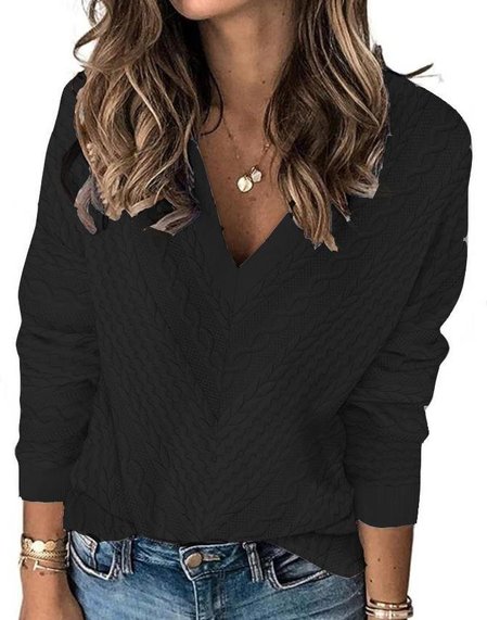 

V Neck Three Quarter Sleeve Plain Regular Regular Fit Blouse For Women, Black, Blouses