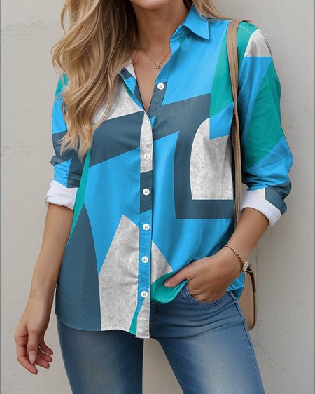 

Shirt Collar Short Sleeve Geometric Embroidery Regular Loose Shirt For Women, Blue, Shirts