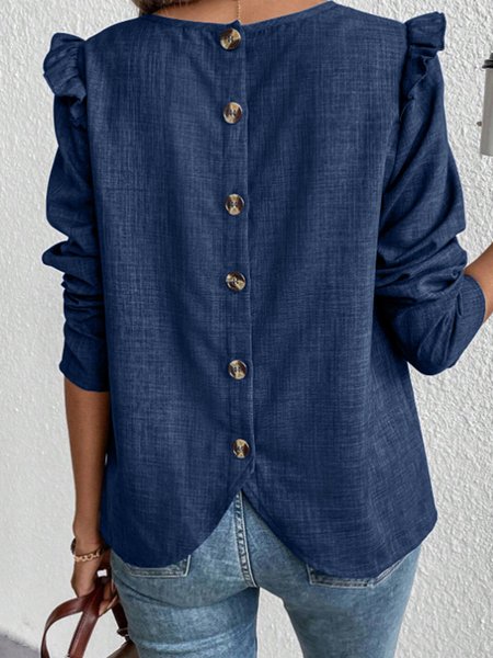 

Crew Neck Long Sleeve Plain Regular Regular Fit Blouse For Women, Navyblue, Blouses
