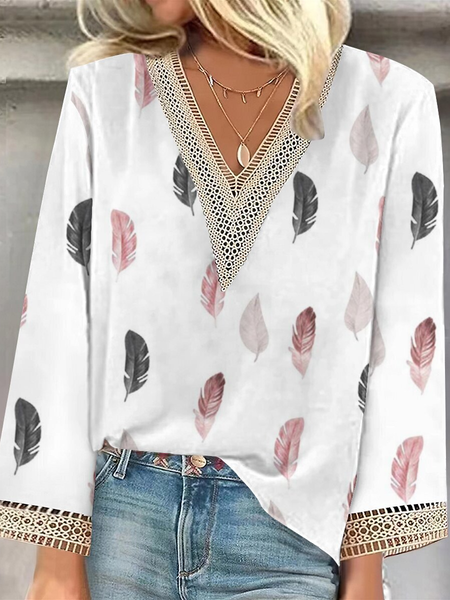 

V Neck Three Quarter Sleeve Floral Regular Regular Fit Blouse For Women, Gray, Blouses