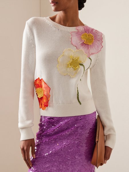 

Crew Neck Floral Embroidery Long Sleeve Elegant Regular Fit Sweater, White, Pullovers