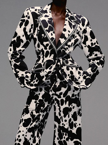 Urban Shawl Collar Pocket Cow Pattern Blazer, As picture, Blazers