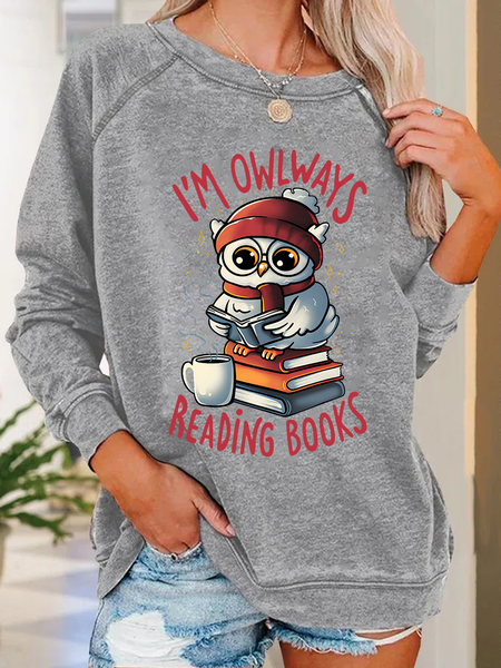 

Owlways Reading Books Text Letters Casual Crew Neck Sweatshirt, Light gray, Hoodies&Sweatshirts