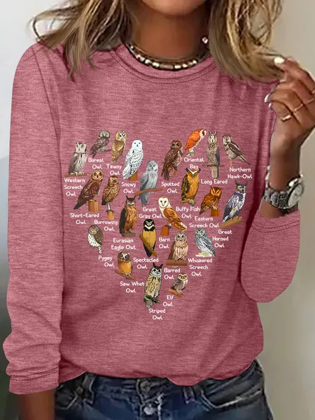 Love Owls Heart Casual Long Sleeve Shirt, Watermelon, Long sleeves