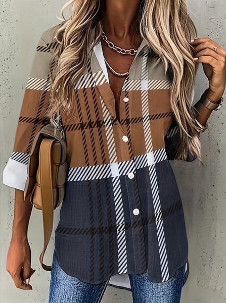

Long Sleeve Plaid Regular Loose Shirt For Women, Khaki, Shirts
