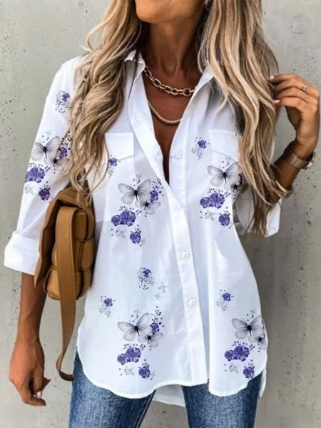 Shirt Collar Long Sleeve Striped Regular Loose Shirt For Women, Purple, Shirts