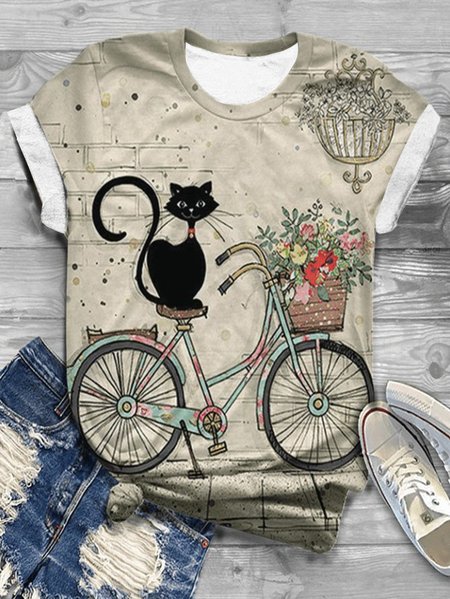 

Casual Cat Crew Neck Short Sleeve T-shirt, Apricot, T-shirts