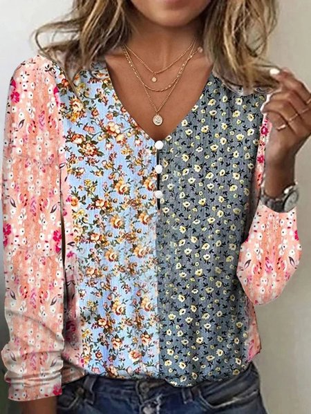 

Casual Striped V Neck Long Sleeve T-shirt, Pink, T-shirts