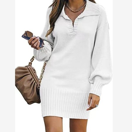 Plain Yarn/Wool Yarn Casual Dress With No, White, Midi Dresses